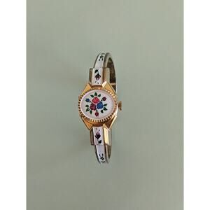FLAW Vintage Hanoma Gold Tone Bangle Watch with White Enamel and Flowers